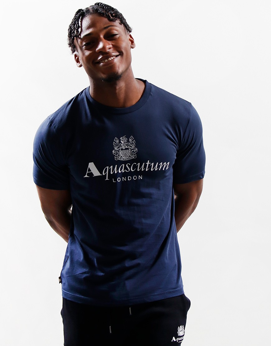 Aquascutum Large Bold London Aldis Brand Logo Navy Blue T Shirt main image 0
