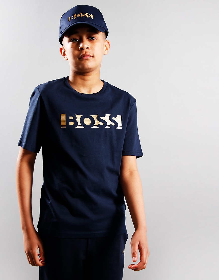 BOSS Kids Gold Logo TShirt Navy Terraces Menswear