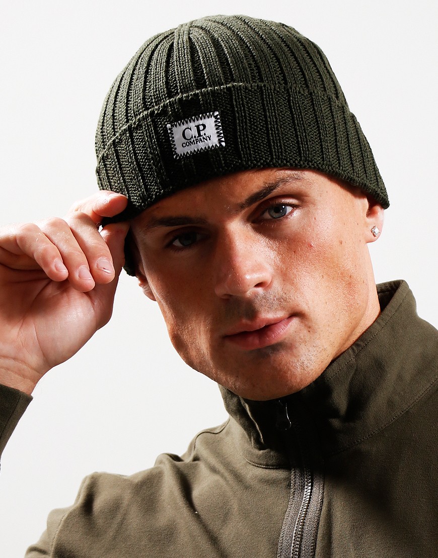 C.P. Company Wool Logo Beanie Ivy Green Terraces Menswear