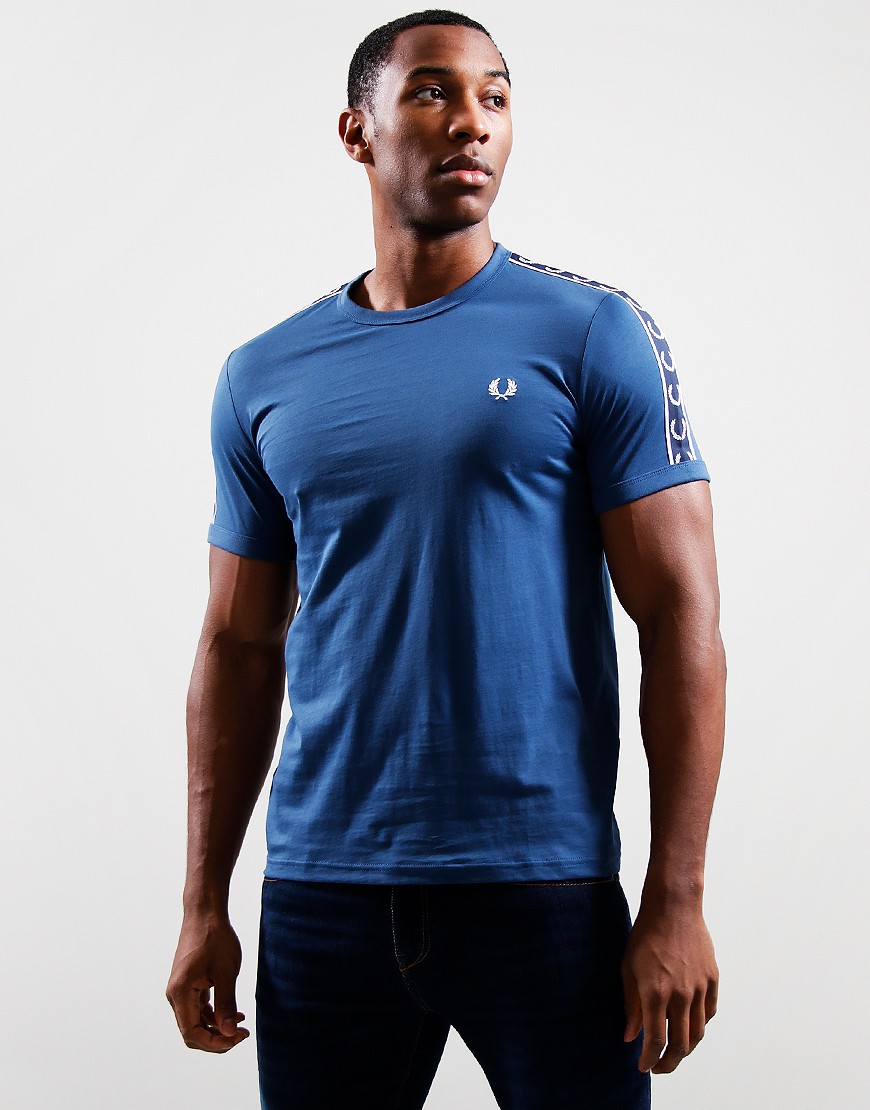 Fred Perry Contrast Tape RInger T Shirt Mid Blue Navy Terraces
