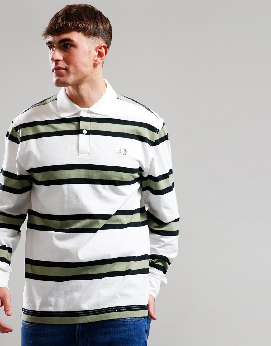 Fred Perry Jersey Stripe Long Sleeve Polo Shirt Ecru Fred Perry Jersey Stripe Long Sleeve Polo Shirt Ecru