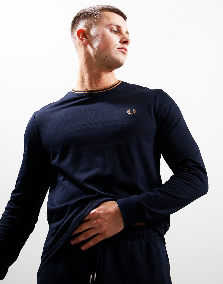 Fred Perry Twin Tip Long Sleeve T-Shirt Navy/Caramel - Terraces Menswear