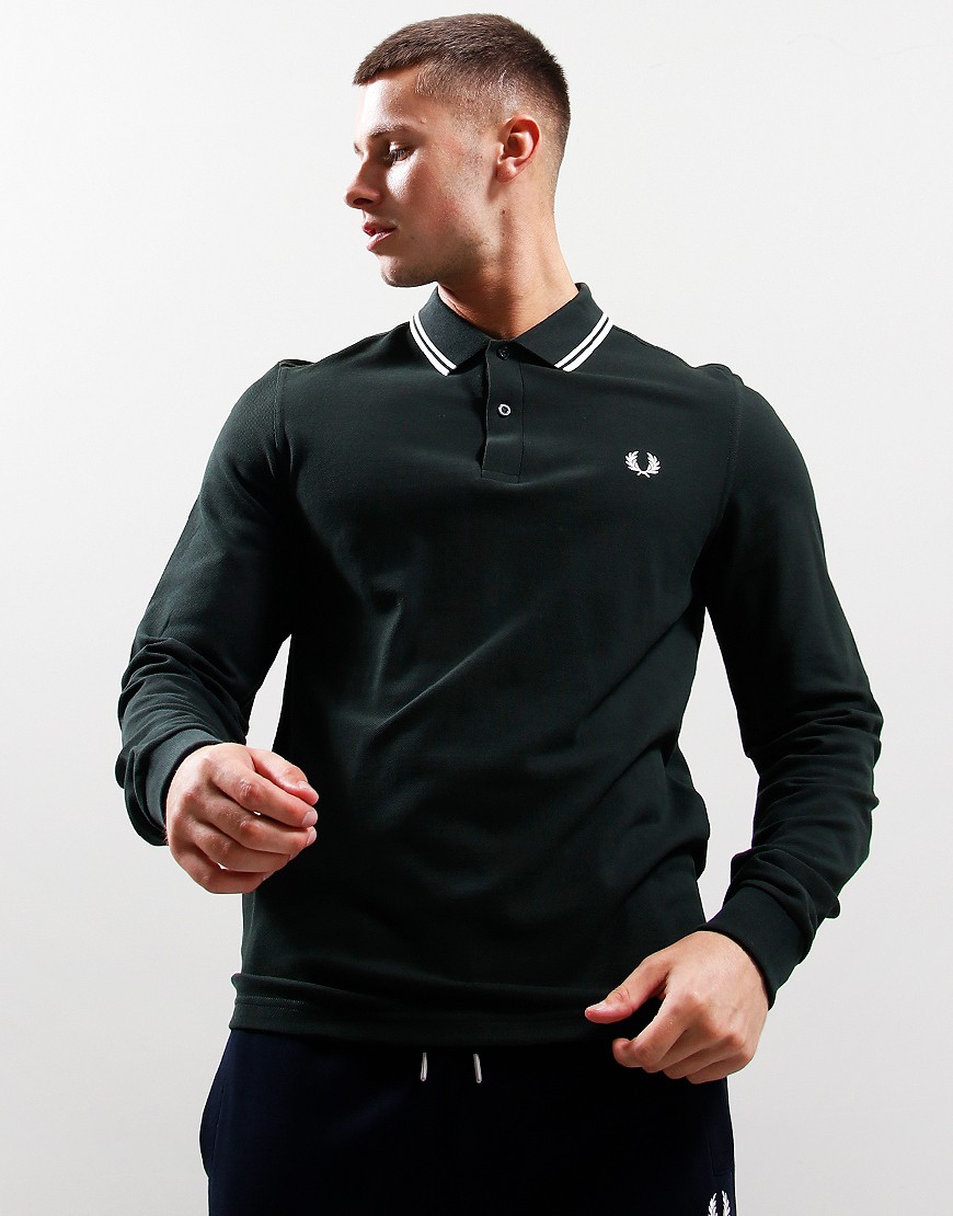Fred Perry Twin Tip Long Sleeve Polo Shirt Night Green/Snow - Terraces  Menswear