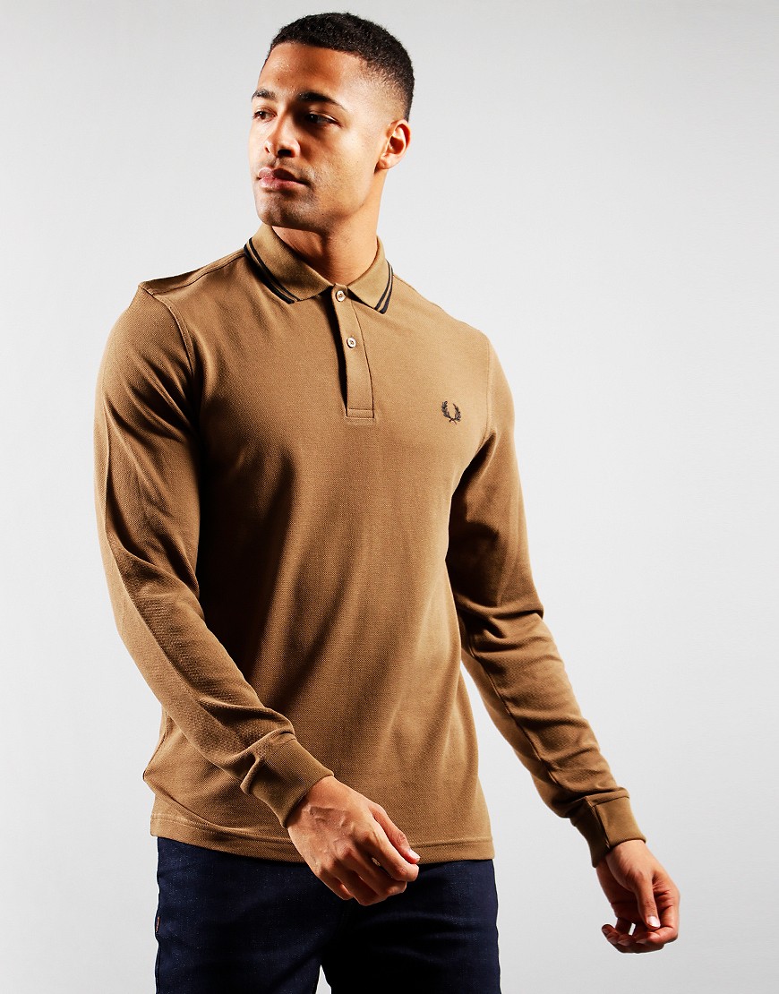 Fred Perry Twin Tipped Long Sleeve Polo Shirt Shaded Stone