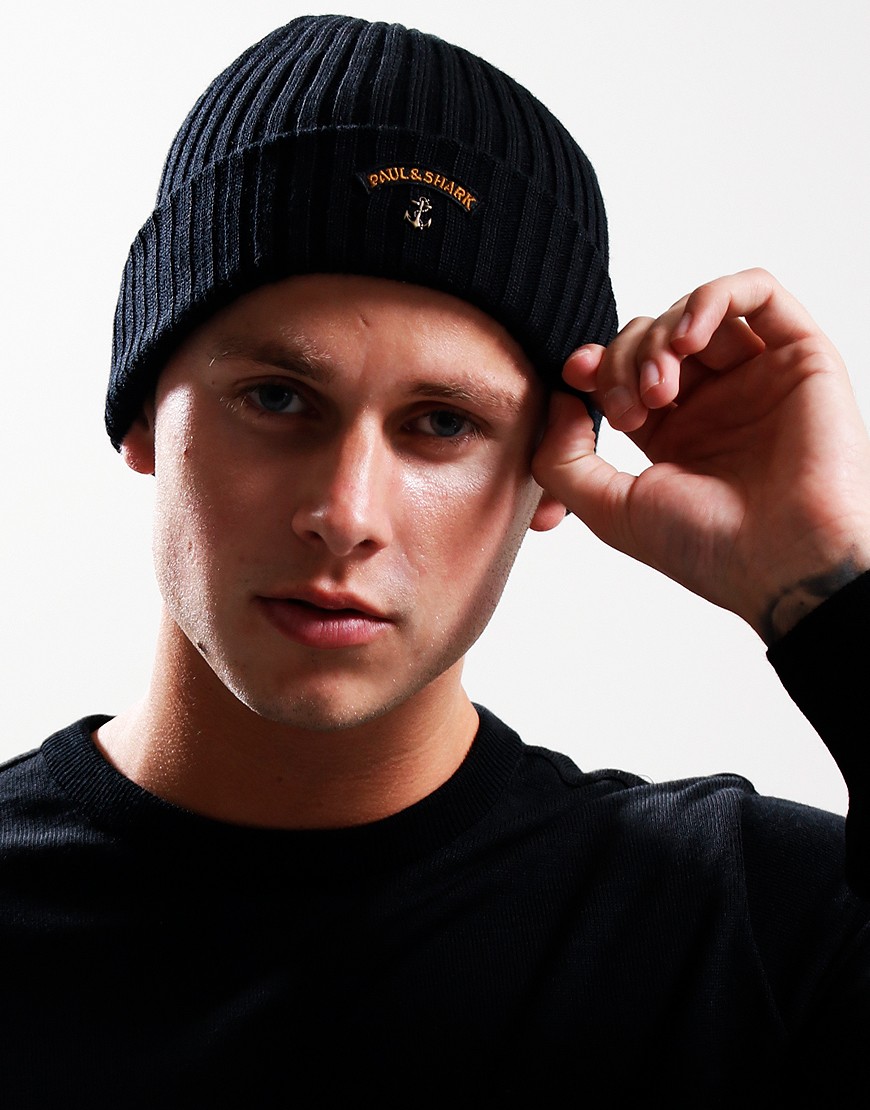 Paul & Shark Iconic Badge Beanie Black - Terraces Menswear